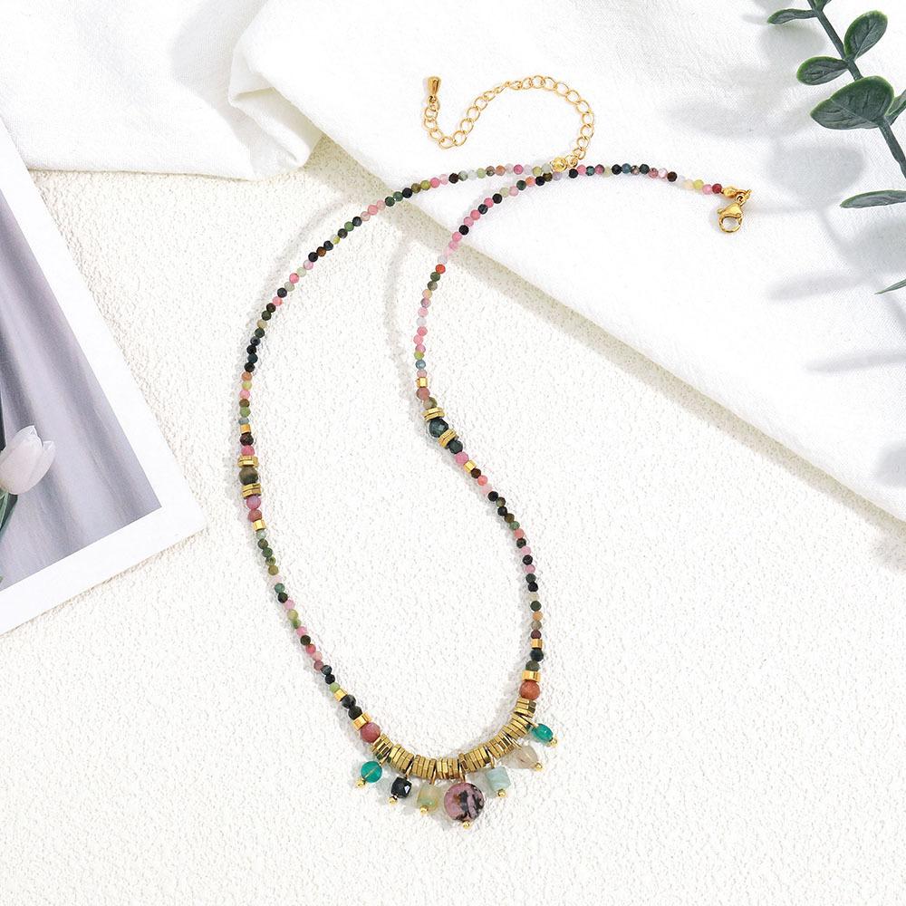 Handmade beaded mixed color fringed necklace natural stone non-fading neck chain niche design light luxury titanium steel collarbone chain women
