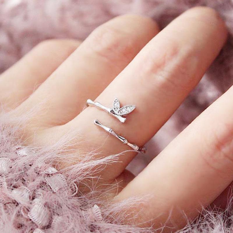 Ladies Adjustable Zircon Bamboo Shape Butterfly Open Rings Jewelry