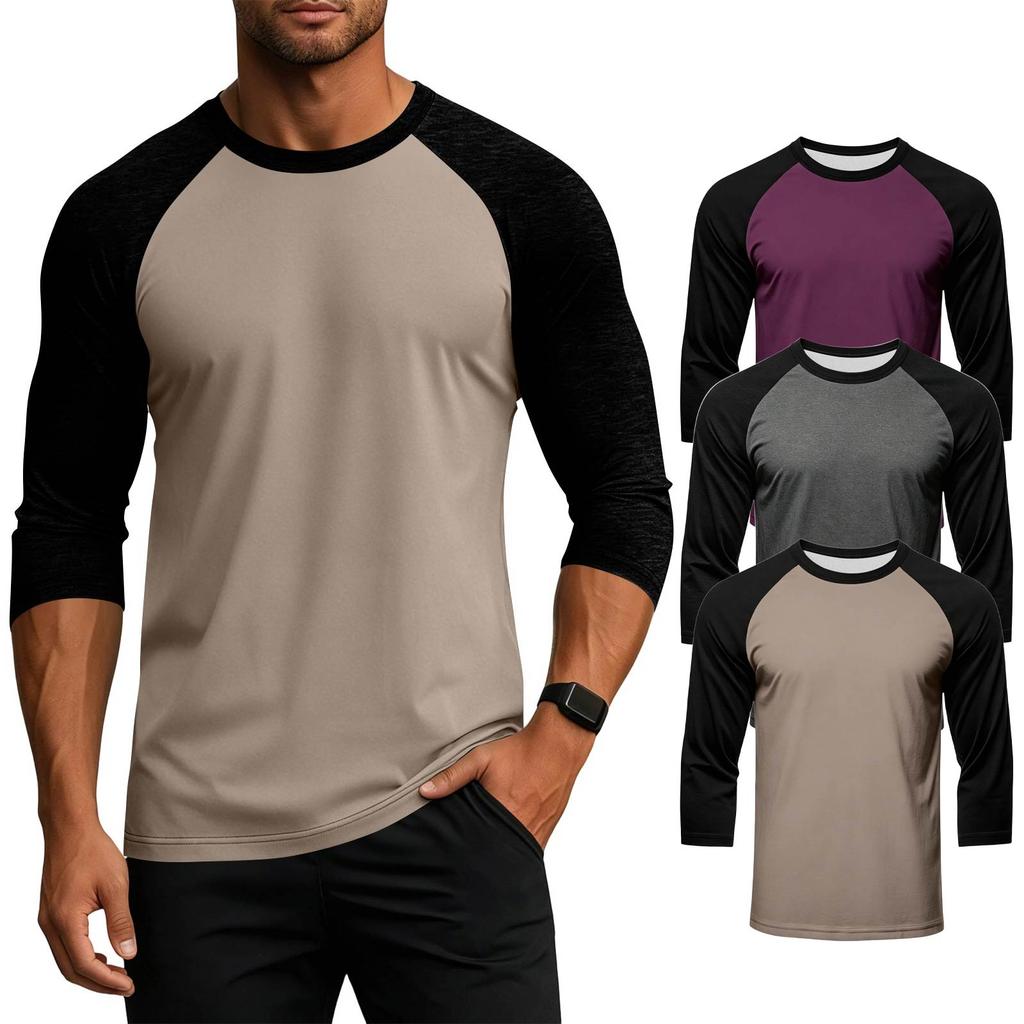 Men's Colorblock Raglan Sleeve Athletic Shirt Three Piece Set Lightweight Stretchy Sport Top for Training Running Casual Wear