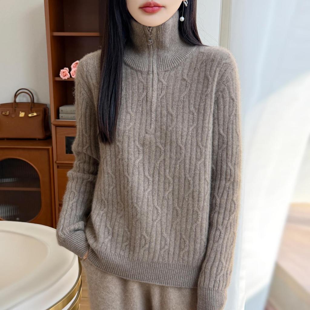 Women's Thick Wool Lapel Sweater: Autumn Winter, Half-Zip, Cable Knit, Long Sleeve Base Layer