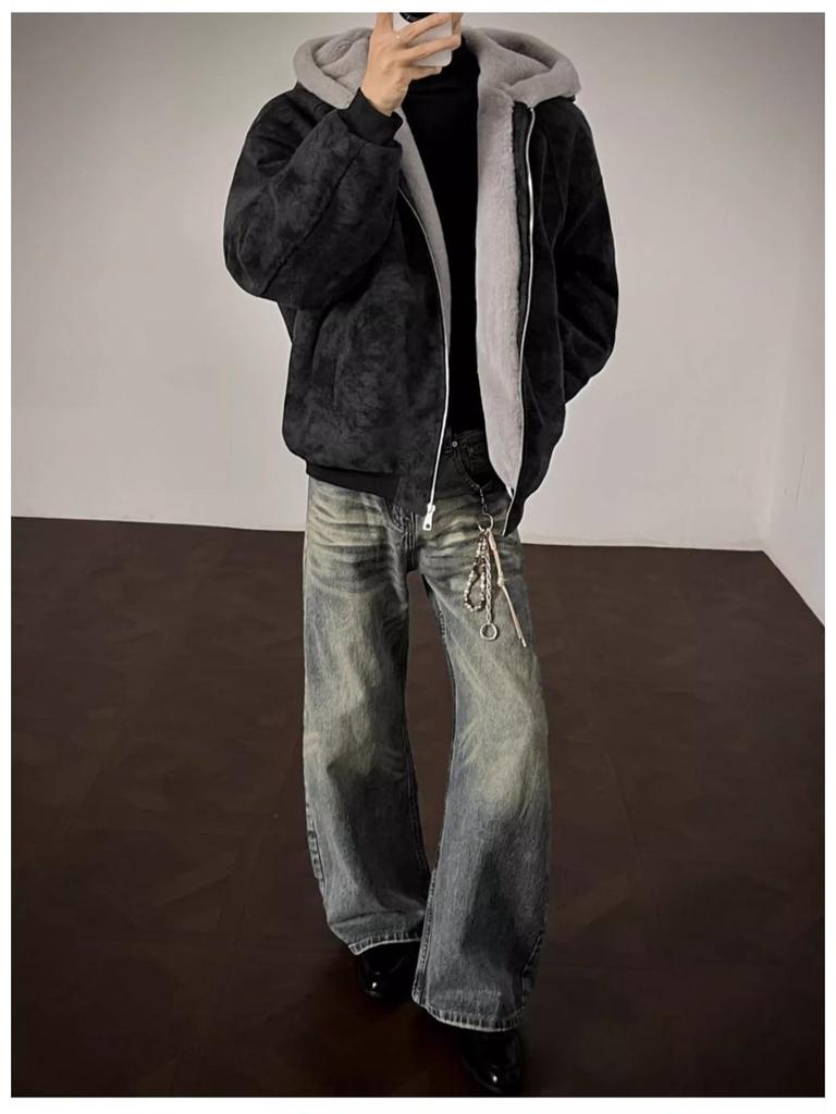Herren Winter American Eagle Kapuzen-Lederjacke mit Litschimuster und warmem Kaninchenfell-Futter