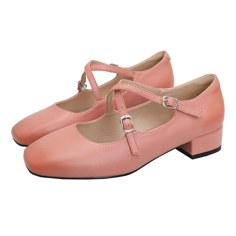 Retro Medium Thick Heel Women's Shoes Lightweight Mary Jane Shoes Cross Strap Square Toe Small Leather Shoes Shallow Mouth Casual Shoes