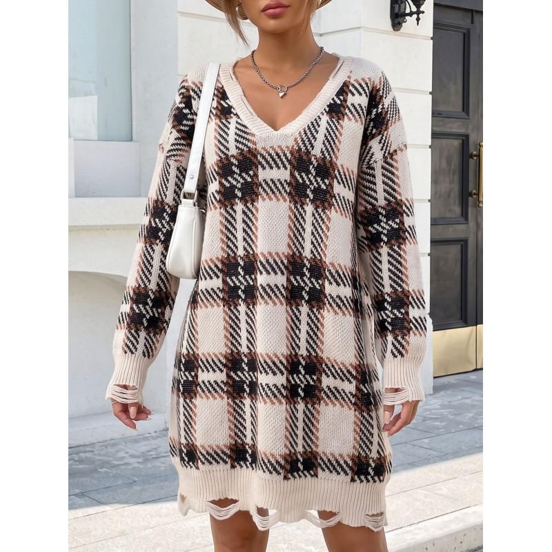 Womens Winter Knit Dress Loose Fit V-Neck Long Sleeve Plaid Color Block Midi Sweater