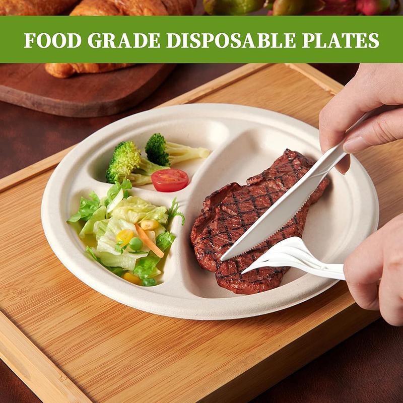 10/30Pcs Compostable 3 Compartment Plates, 8.85 inch Disposable Paper Plates, Eco-Friendly Biodegradable Bagasse Tray for Dinner