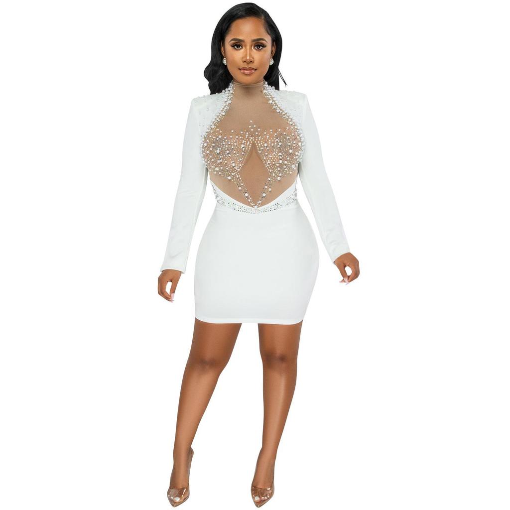 Fashion Sexy Rhinestone Mesh Beaded Backless Long Sleeve Midi Dress for Women