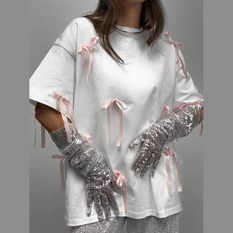 Tricou decorativ cu fundă retro din bumbac liber, design de modă de vară, cu mânecă scurtă, tricouri cu gât turnut, maiuri casual