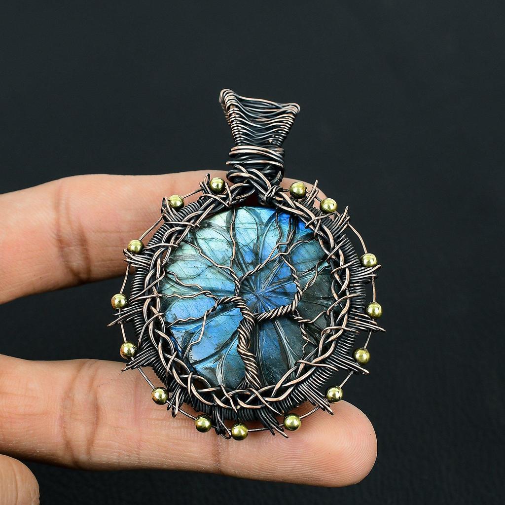 Unique Tree Of Life Carved Labradorite Gemstone Handmade Pure Copper Wire Wrapped Pendant Jewelry