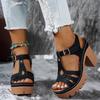 New Ethnic Style Roman Style Sandals with Summer Thong High-heeled Shoes with Velcro, Casual European and American Thick Heel High-heeled Shoes