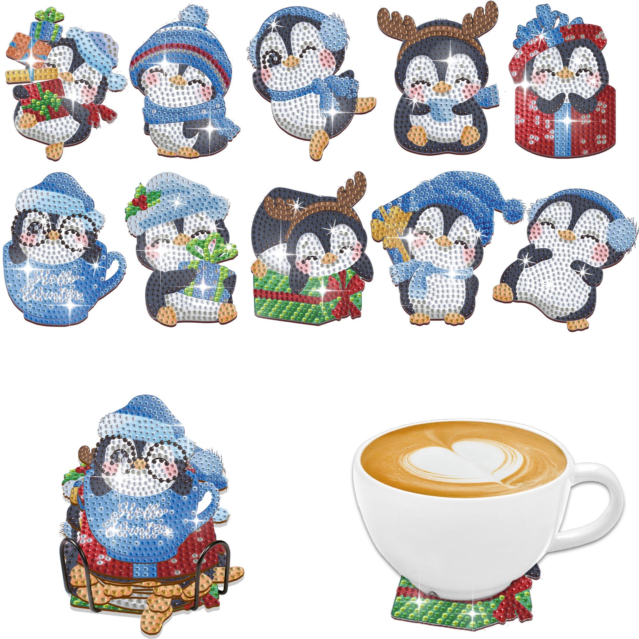 

10pcs/Set DIY Penguin Diamond Painting Coasters Christmas Crystal Rhinestone Christmas Diamond Art Coasters Penguins with Holder