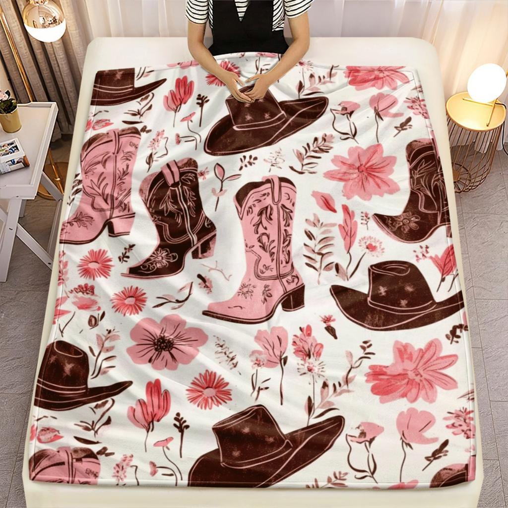 Cowboy Boots and Hat Print Throw Blanket for Sofa, Bed, Office, Travel, Camping, and Cozy Home Gift