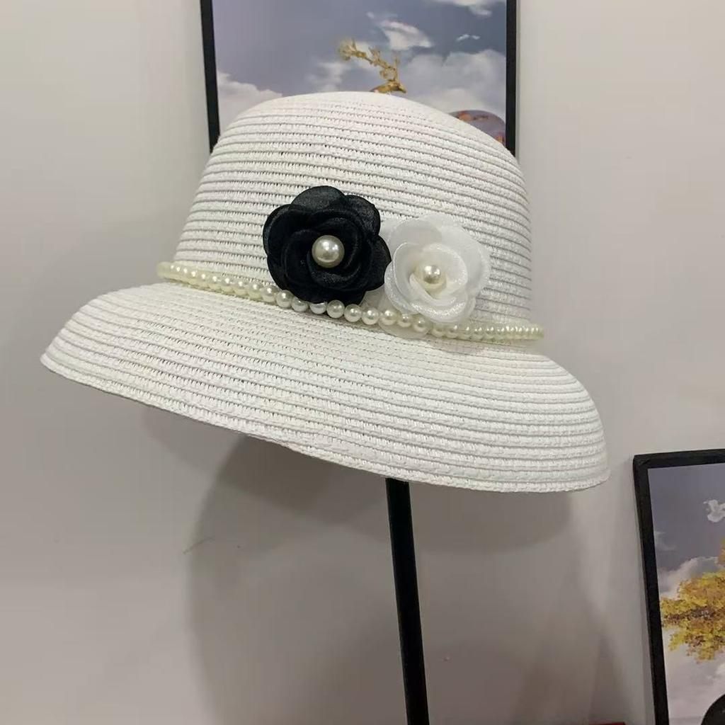 French Hepburn style pearl flower straw fisherman's hat children's sunshade modified face sunscreen hat sun hat self-operated