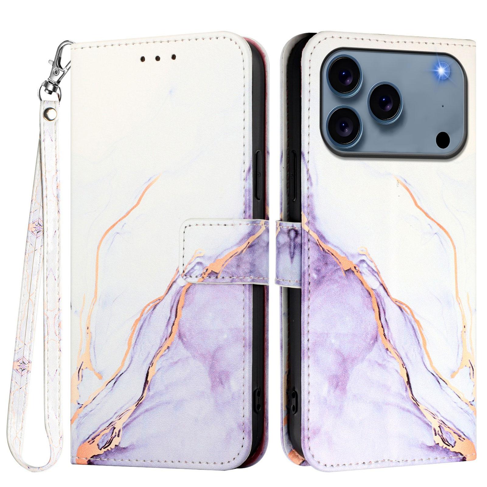 

For iPhone 17 Pro Max Case with Strap Marble Pattern Leather Phone Cover Card Holder White/Purple LS006