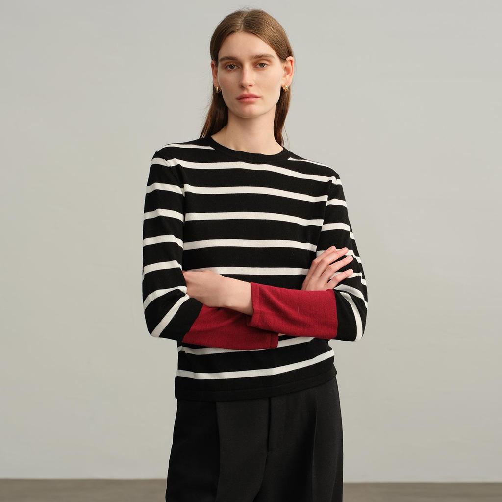 Black & White Striped Women's 100% Wool Long-Sleeve Round Neck Top
