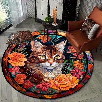 Crystal Velvet Carpet Heavyweight Crystal Velvet-Like Polyester Round Mat - Stained Glass Cat & Floral Print Non-Slip Mat