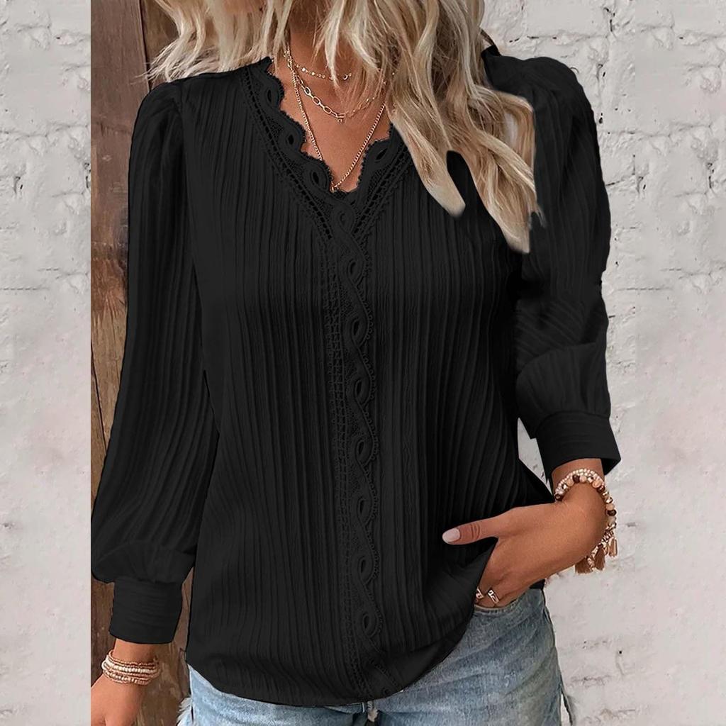 Women's Long-sleeved V-neck Lace Stitching Shirt