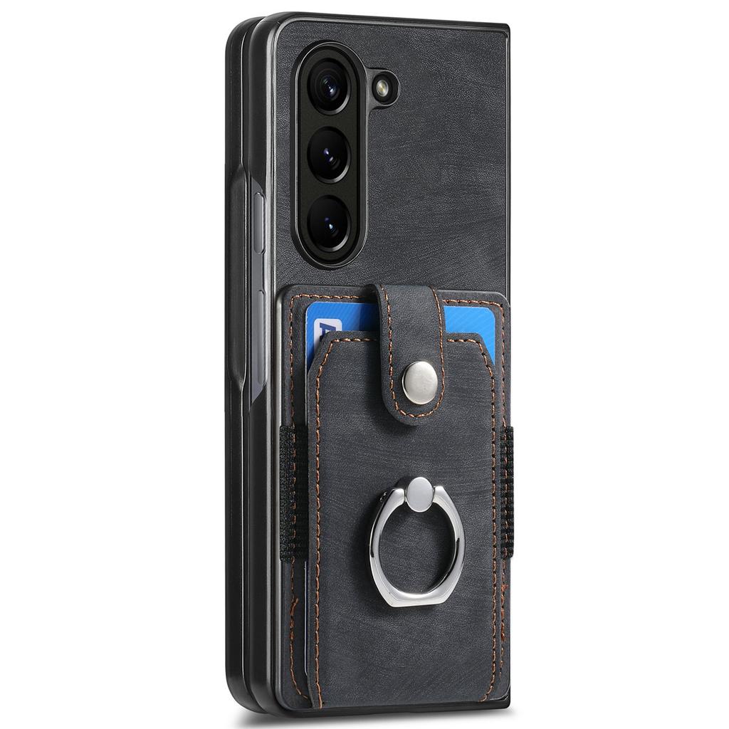 D2 Für Samsung Galaxy Z Fold6 5G Hülle Kartenfach Ring Ständer Leder+PC Handyhülle