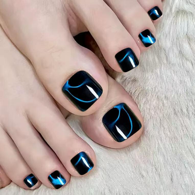 Black and Blue Cat Eye Nail Art: 24 Removable Pieces for Square Whitening Pedicure