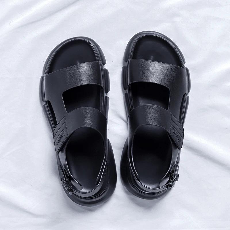 

Летние комфортные пляжные водонепроницаемые сандалии из натуральной кожи для мужчин, классические кожаные сандалии для отдыха на открытом воздухе, домашние тапочки двойного назначения 44 чёрный