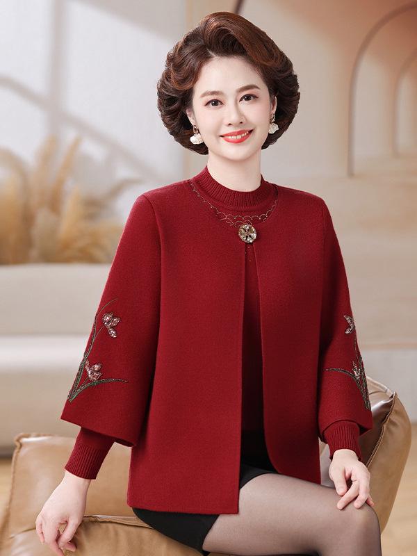 2026 Autumn New Style: Mom's Middle-Aged Women's Sweater Cardigan & Knit Top Two-Piece Set for Spring and Autumn