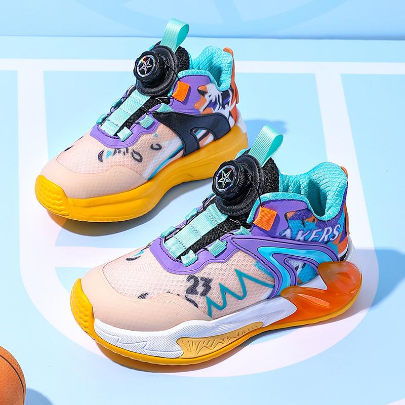 Children's basketball shoes mesh breathable boys' shoes middle older boys boys rubbing sound button basketball shoes running shoes
