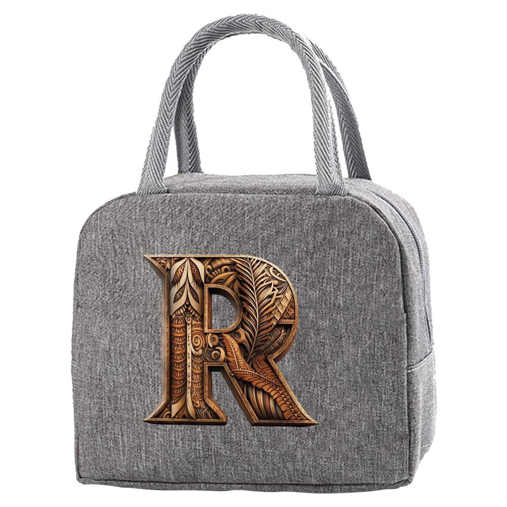 Portable Food Insulation for Traveling Wood Art Letter Printing Box Picnic Waterproof Oxford Zipper Insulation Lunch Bag