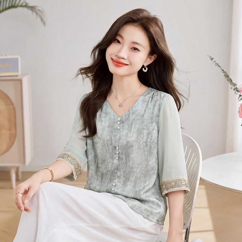 ORIGIN Women s Retro Printed V-Neck Summer Blouse 2XL