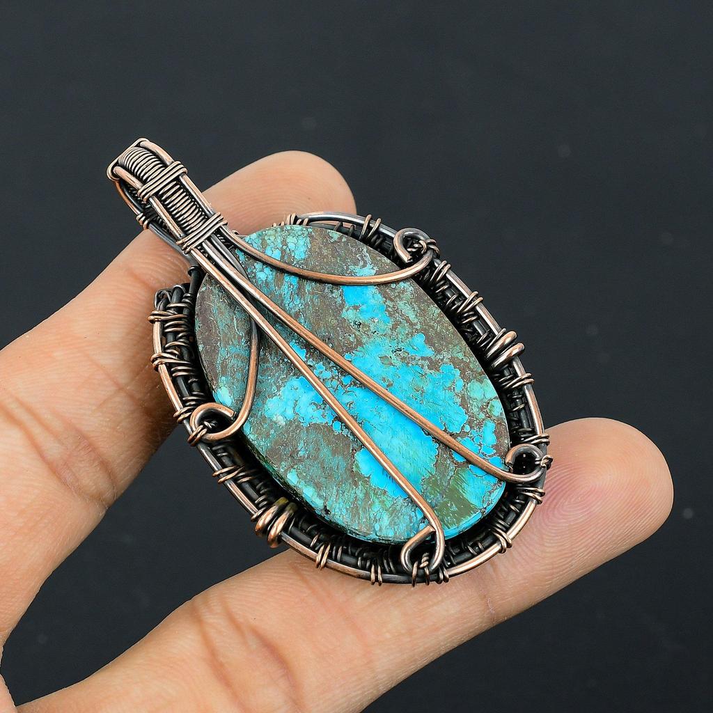 Tibetan Turquoise Pendant, 999 Copper Wire Wrapped Gemstone Jewelry, Handmade Pendant, For Thanksgiving