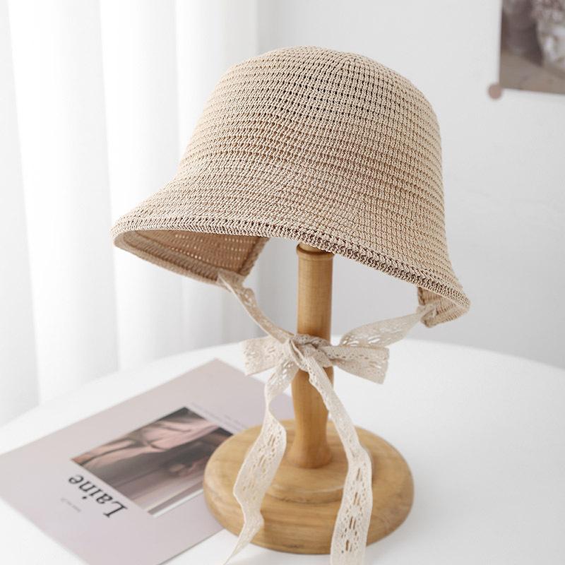 Japanese Minimalist Knit Bucket Hat For Women Wide Brim Sun Hat With Ribbon Beach Cap For Travel Outdoor City Casual Sunhat New