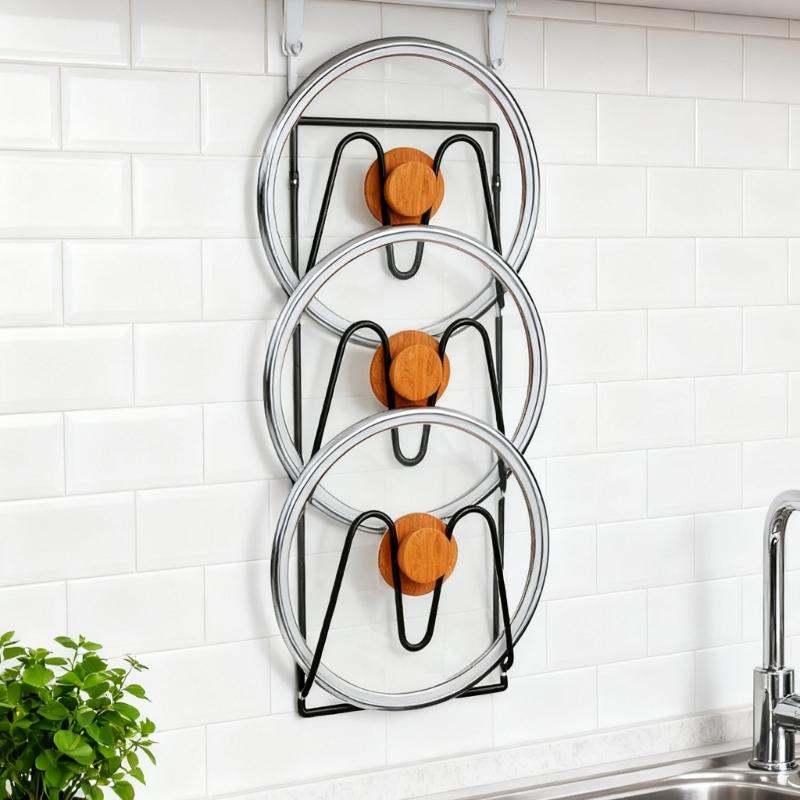 2 Piece Carbon Steel Pot Lid Holder Set Heavy Duty Steel Wall Mount Design Efficient Kitchen Space Utilization Tool