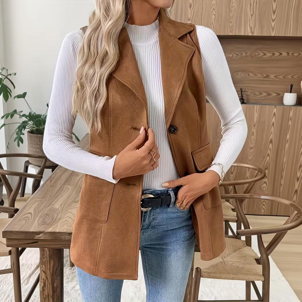 Women's Fashion Blazer Vest Sleeveless Jacket with Lapel Collar Single Button Closure and Front Pockets Suitable for Casual and Office Wear
