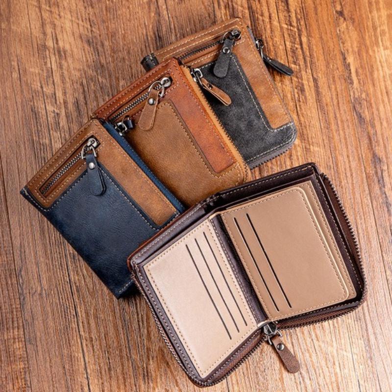 Trendy Luxury Men's Wallet Designer Male Short Zipper Leather 3 Fold Money Clip Card Holder High Quality Retro Coin Purse