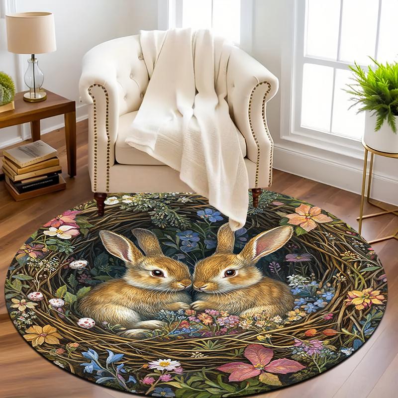 1Pcs Rabbit Floral Round Rug Non-Slip Machine Washable Floor Mat 2D Flat Soft Pastel Area Rug for Living Room Bedroom Easter Decor