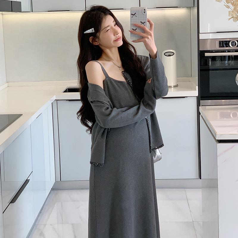 2026 Spring Elegant Maternity Sequin Patchwork Cardigan & Camisole Dress Set M