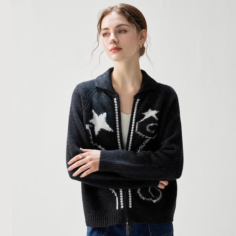 Jacquard Cashmere Cardigan - Women's Lapel Star Print Color Block Jacket (Autumn/Winter 2026)