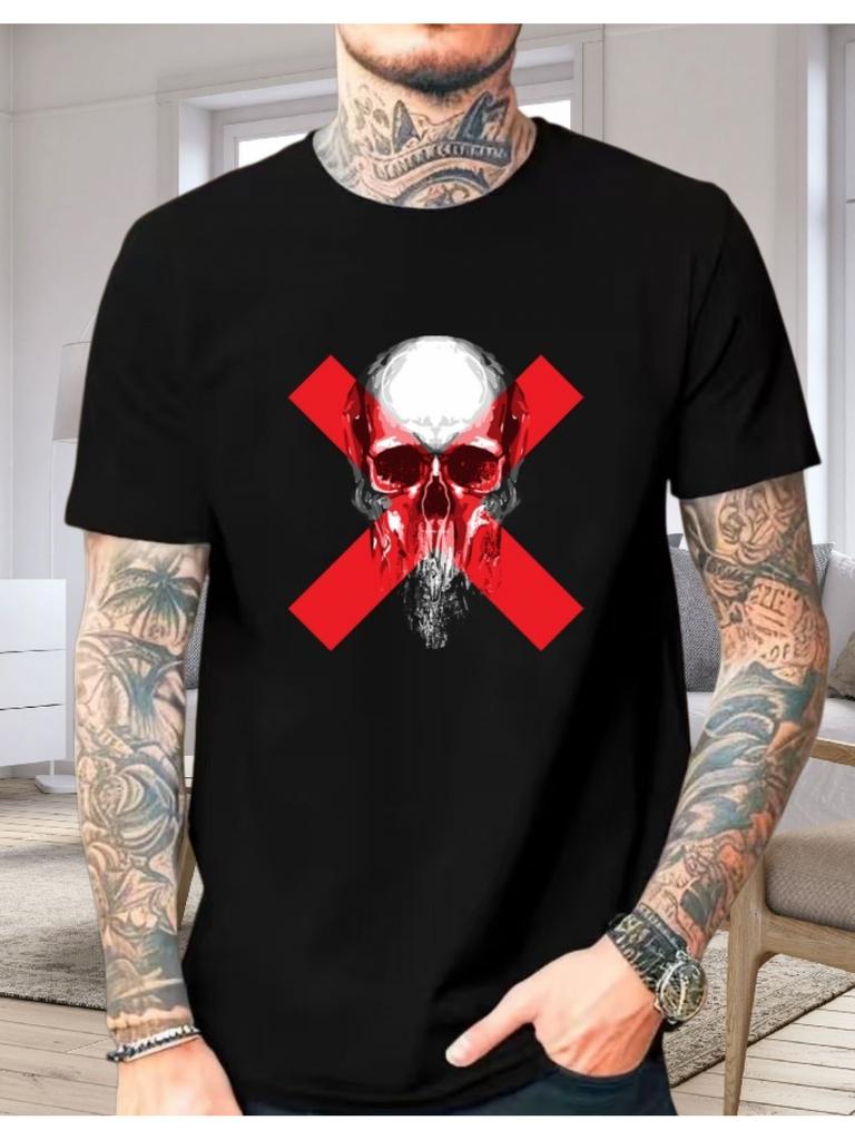 Unisexs White Oversized Cotton Tee Red Cross Splash Skull Punk Graphic Crew Neck Short Sleeve Edgy Streetwear Male Casual Top