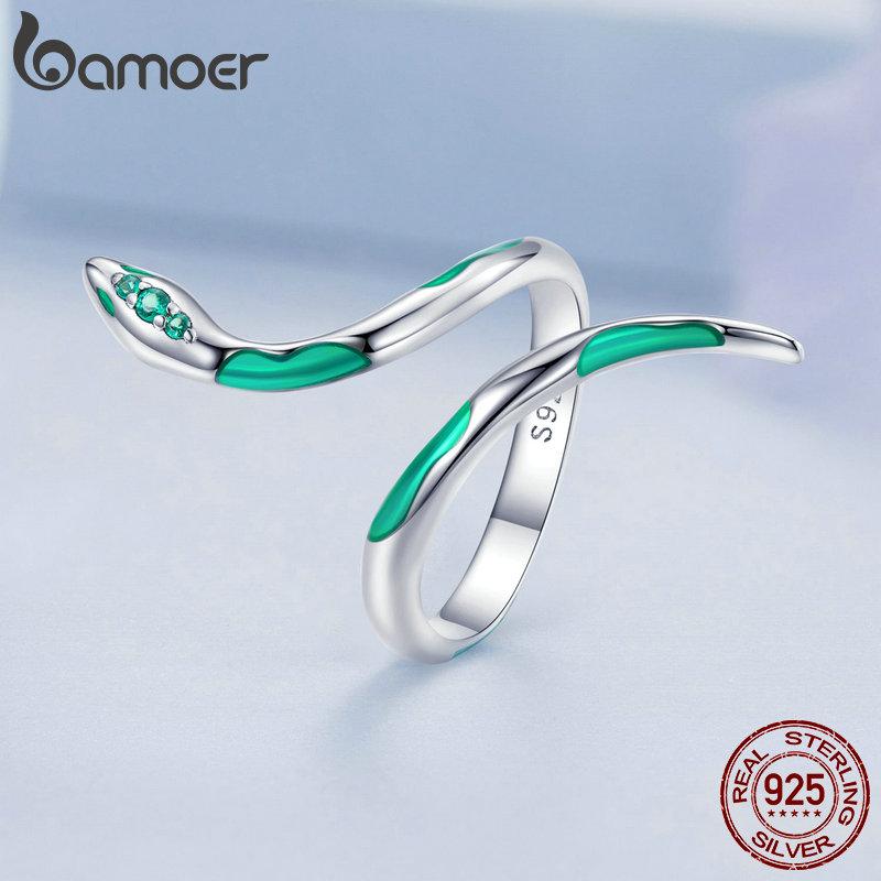 

Женское кольцо BAMOER из стерлингового серебра 925 пробы с зеленой эмалью и цирконами, зеленая змея, простые и модные кольца 925 silver