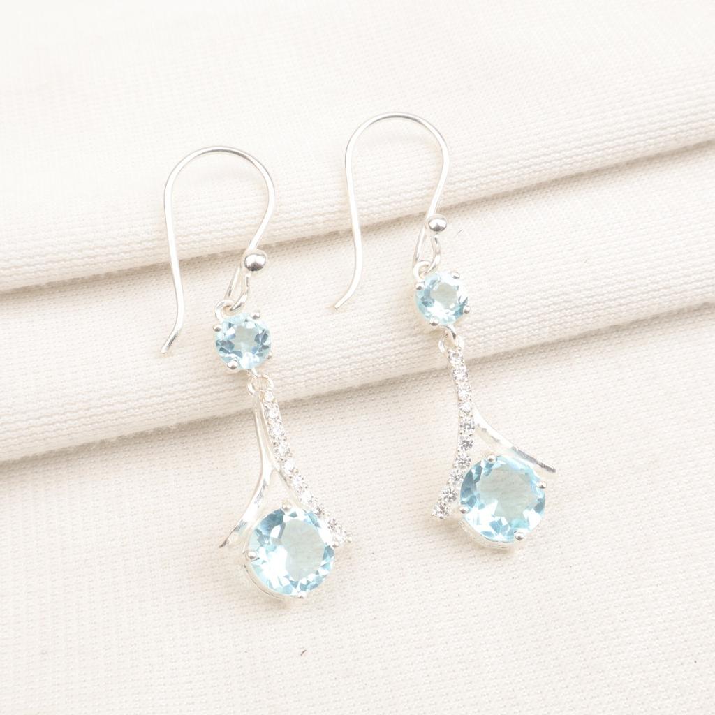 Sky Blue Topaz Gemstone 925 Solid Silver Jewelry Zircon Earrings 1.84" For Gift CZE-9-4