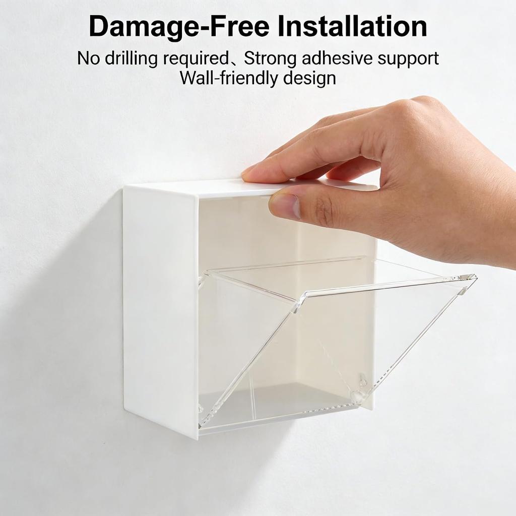 Bathroom Wall Mount Storage Box,1 pcs Clear Acrylic Hanging Organizer Box with Flip Lid 8.5x8.5x4.5cm No Drill Adhesive for Cotton Swabs Makeup
