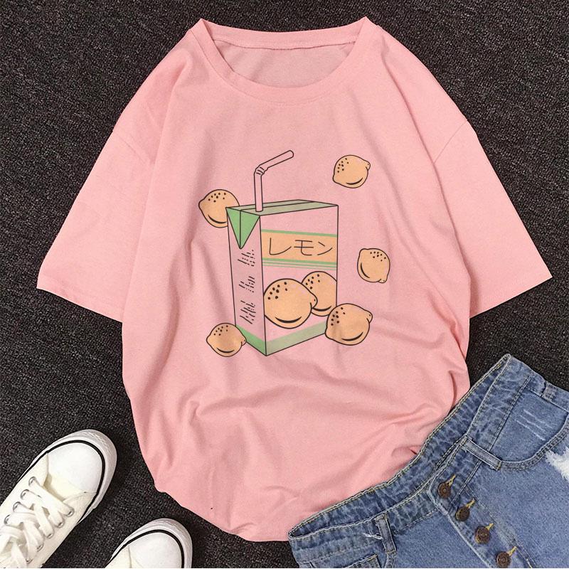 Cartoon Peach Juice Japanses Aesthetic Grunge T Shirt Women Harajuku Cute Kawaii Pink Summer Casual Tumblr Outfit Fashion Tops