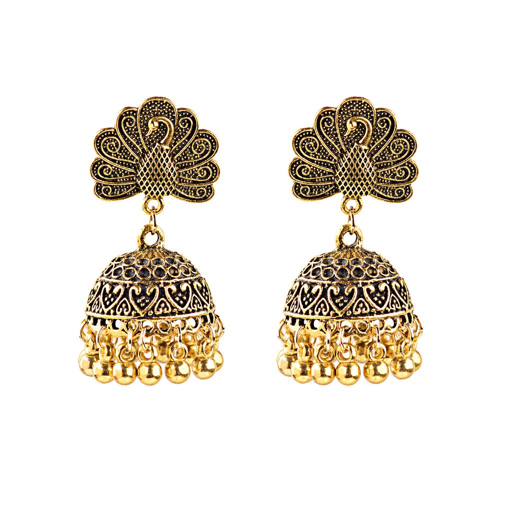 TopHanqi Retro Ethnic India Jhumka Jhumki Earrings Femme Antique Gold Color Carved Lotus Lantern Drop Earrings For Women Zircon