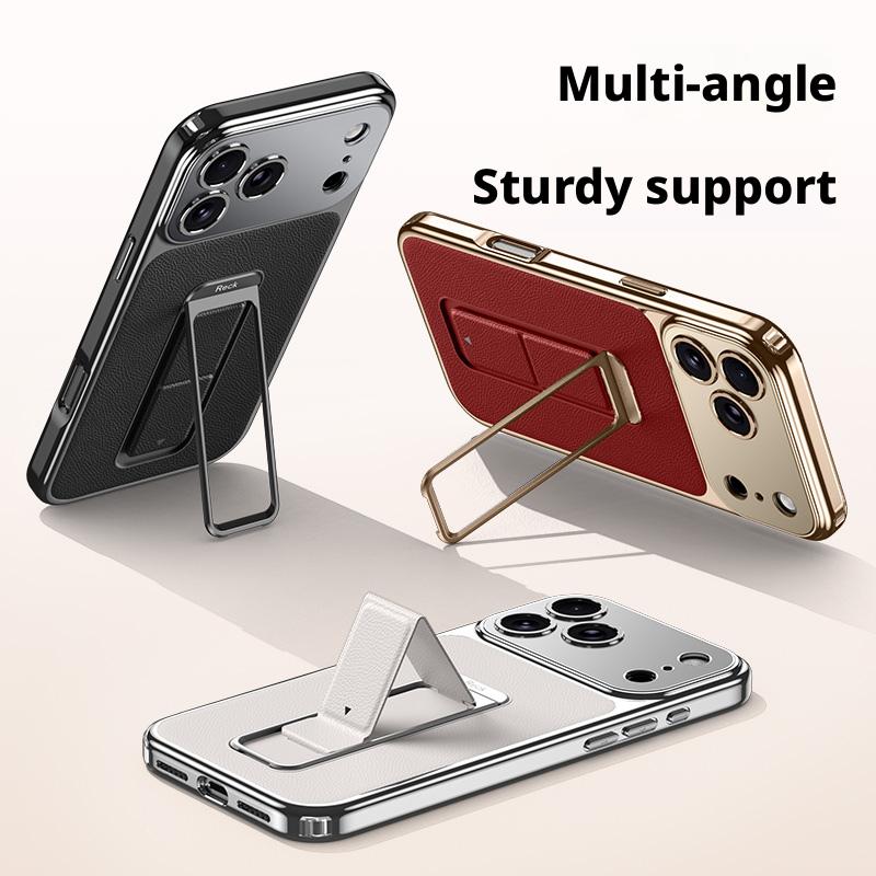 Finger Grip Hand Strap Folding Holder Plain Leather Case For iPhone 17 Pro Max/iPhone 17 Pro/17 Lens Protection Case Cover