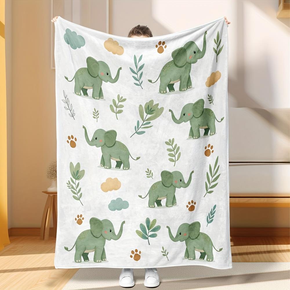 

1pc Green and brown elephant and leaf pattern blanket polyester fabric machine washable suitable for bedrooms living rooms 75x100cm