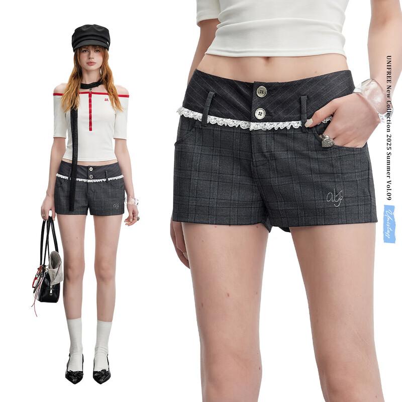 UNIFREE Plaid Low-Waist Lace Patchwork Shorts 2XL
