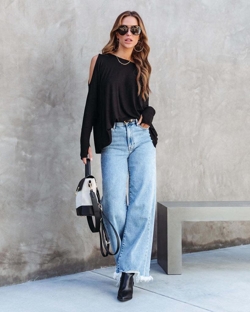 2023 Women's Casual Wide-Leg Denim Pants with Irregular Fringed Hem