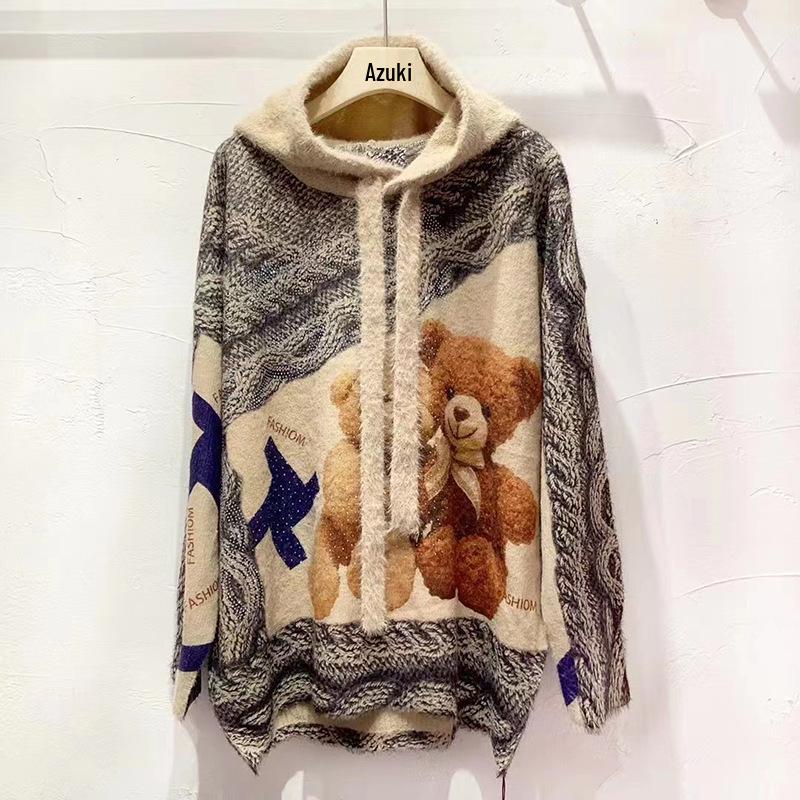 2023 Autumn/Winter Retro Mink Velvet Oversized Sweater with Hot Drilling