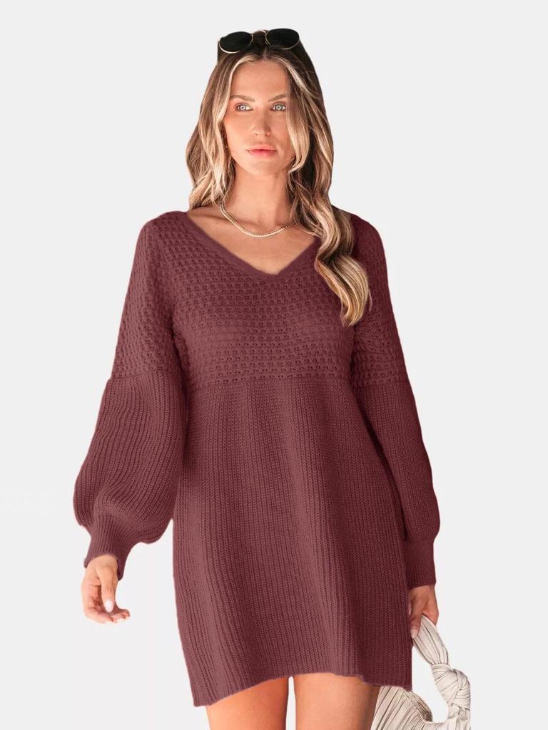 TEMU Autumn 2026 Puff Sleeve Solid Knit V-neck Sweater Dress - European & American Christmas Edition
