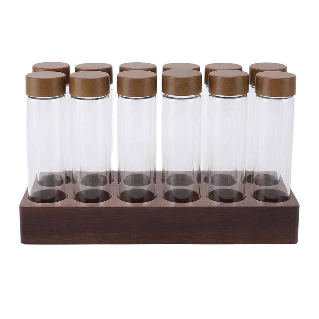12pcs Coffee Bean Storage Tubes Glass Sealed Dosing Coffee Bean Jars with Walnut Stand Funnel for