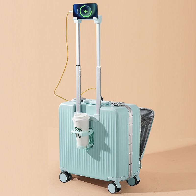 18" Silent Aluminum Frame Leather Carry-On Suitcase with Front Opening and Combo Lock for Men & Women.