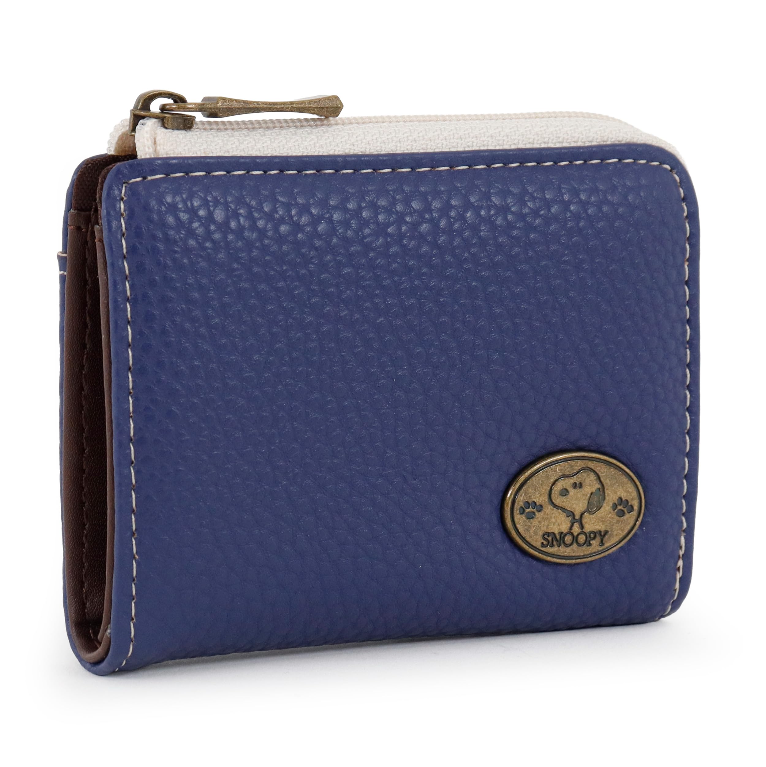 

Snoopy Women s Compact Wallet with L-Shaped Zipper, Coin Purse, Passport Pocket, Brooch, Character Merchandise, Cute Antique Style (Blue)