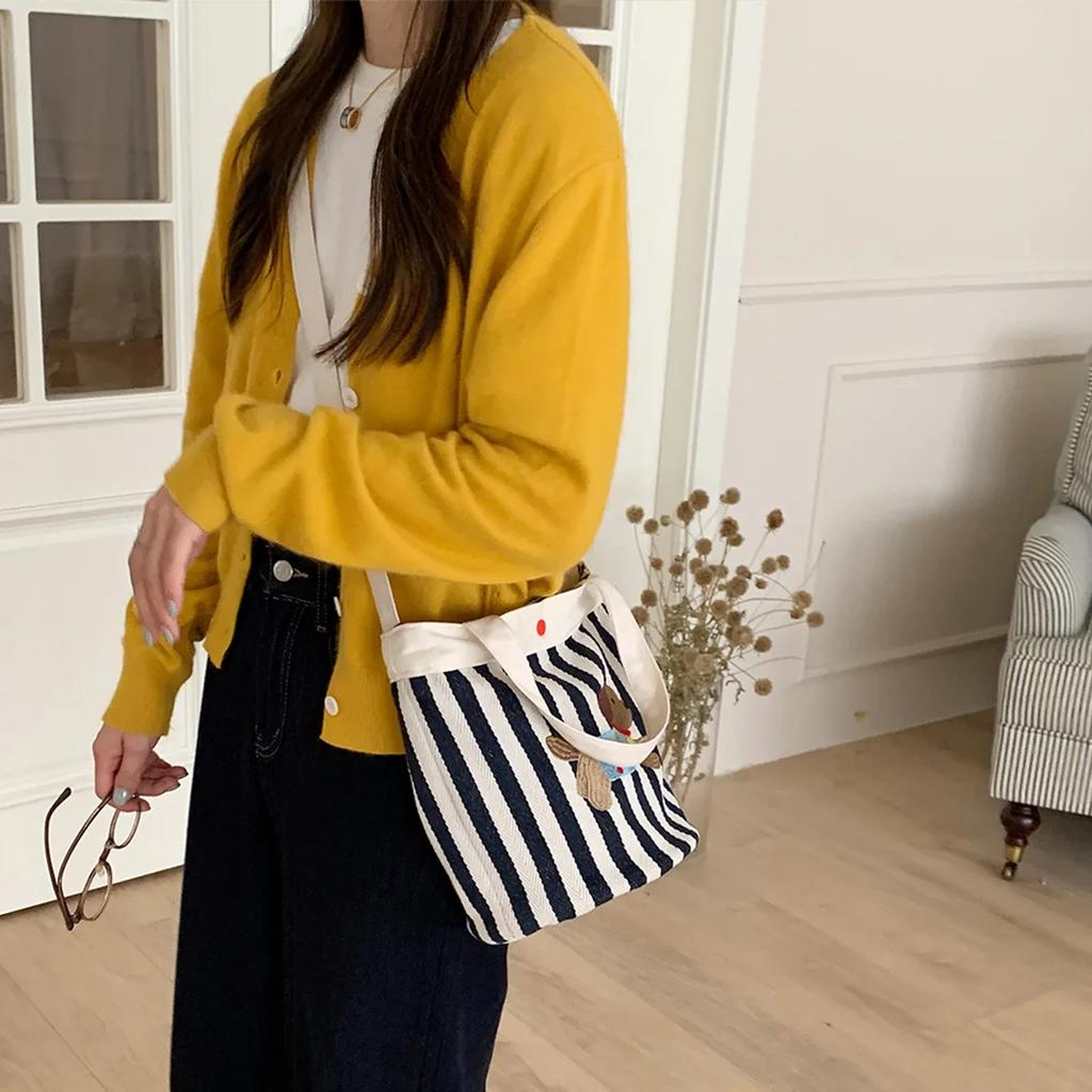 Cartoon Puppy Women's Stripe Bucket Bag Cute Canvas Female Shoulder Crossbody Bags Daily Handheld Bento Bag Girls Purse Handbags